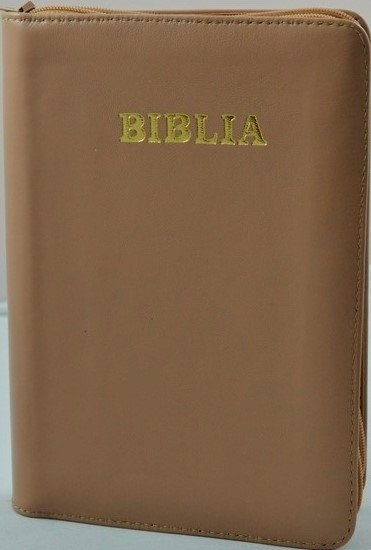 Biblia mica, coperta piele, culoare, maro, index, fermoar, margini aurii, cuv. lui Isus in rosu [047 PFI]