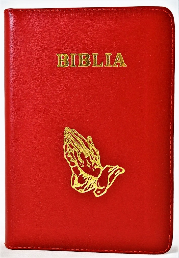 Biblie din piele, marime medie, culoare, roșu, simbol maini in rugaciune, fermoar, index, margini aurii, cuv. lui Isus cu rosu [SB 057 PFI]