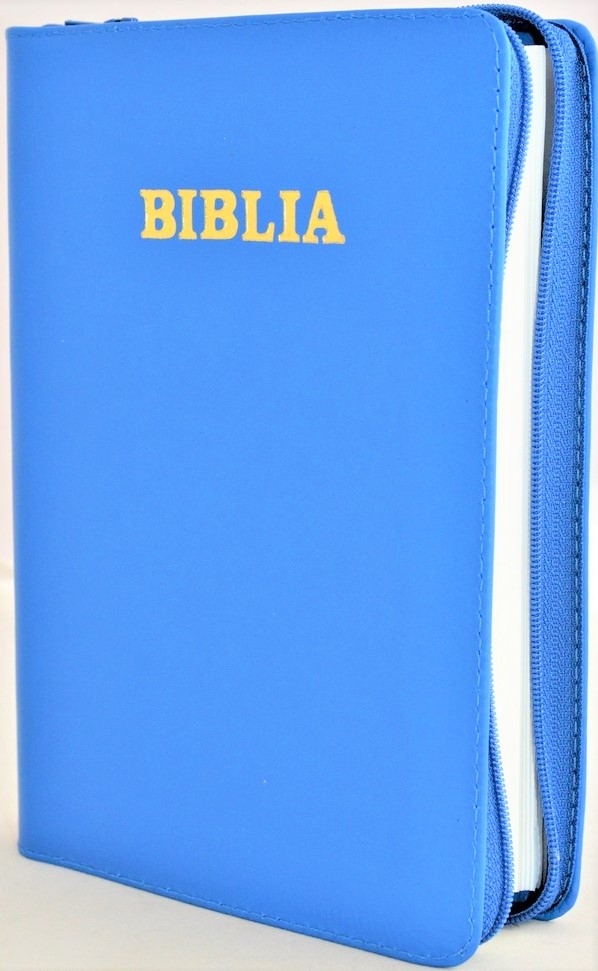 Biblia din piele, marime medie, culoare albastru deschis, fermoar,margini albe, cuv. lui Isus cu rosu [053]
