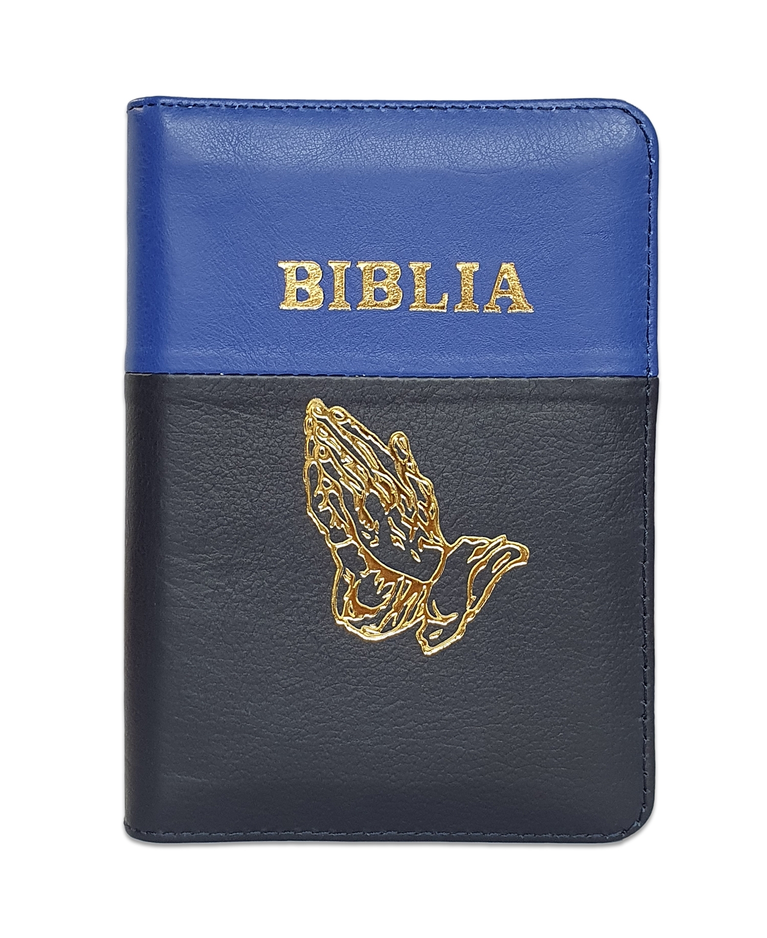 Biblie din piele, marime medie, culoare albastru cu bleumarin inchis, fermoar, maini in rugaciune, margini albe,cuv. lui Isus cu rosu [053]