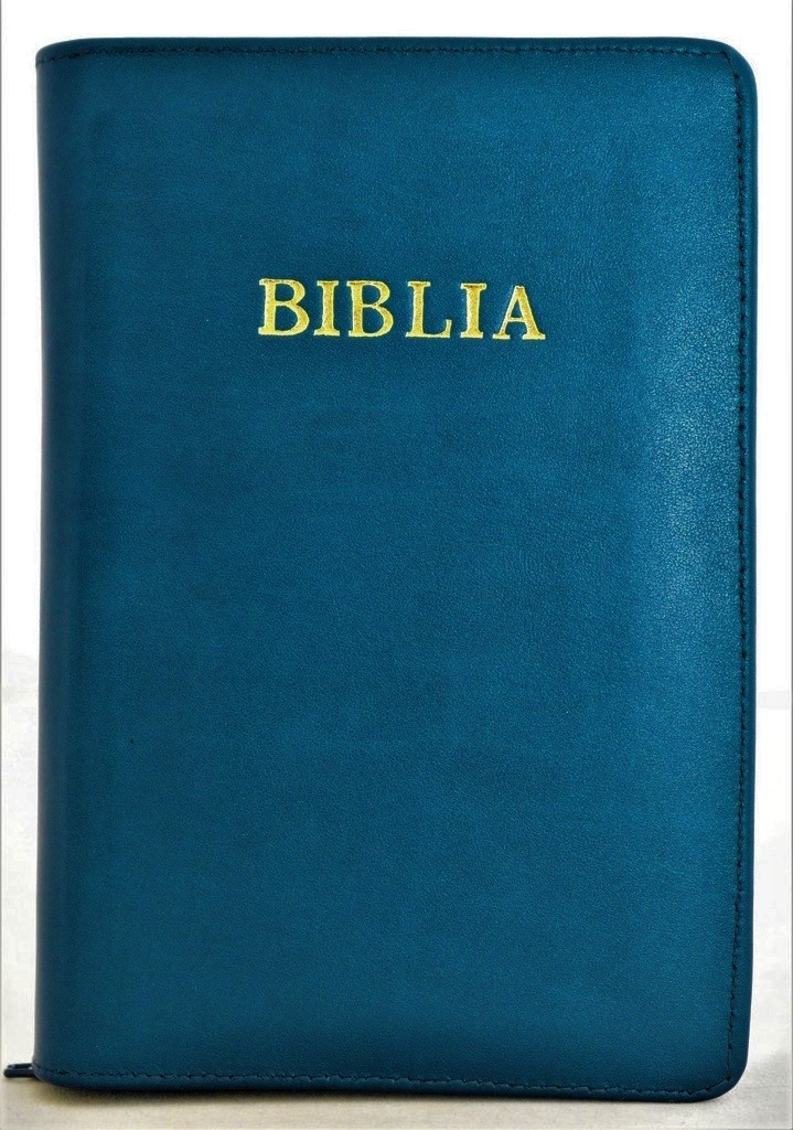 Biblia din piele, marime medie, albastru mineral, fermoar, cuv. lui Isus cu rosu [053]
