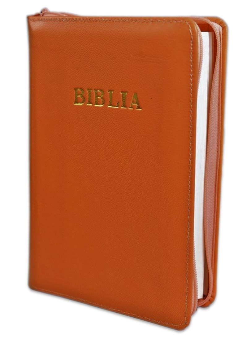 Biblia din piele, marime medie, culoare caramiziu, margini albe, fermoar, cuv. lui Isus cu rosu [053]