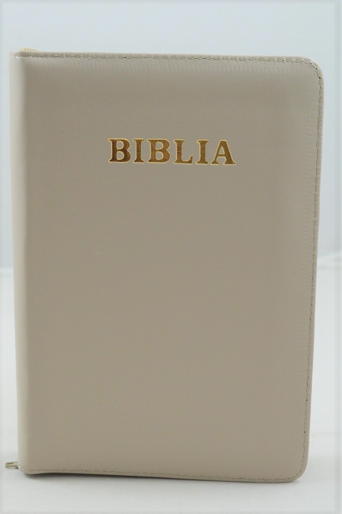 Biblia din piele, marime medie, culoare gri deschis, margini albe, fermoar, cuv. lui Isus cu rosu [053]