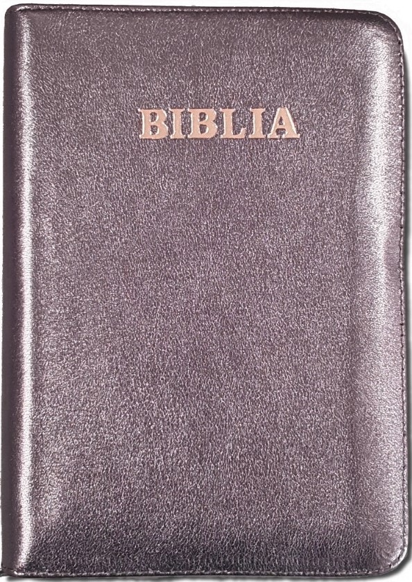 Biblie din piele,marime mica, culoare maro inchis sidefat, fermoar, margini albe, cuv. lui Isus in rosu [043 PF]