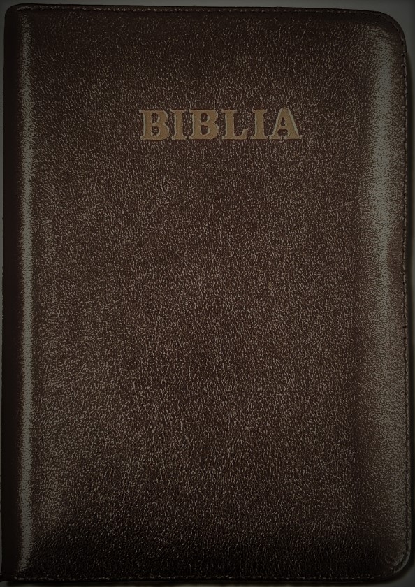 Biblia din piele, marime medie, culoare maro inchis sidefat, fermoar,margini albe, cuv. lui Isus cu rosu [053]