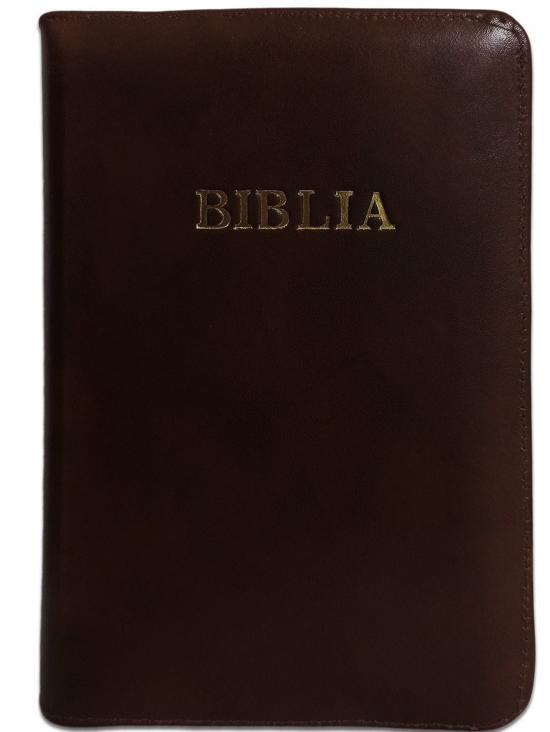 Biblia din piele, marime medie, culoare maro inchis, margini albe, fermoar, cuv. lui Isus cu rosu [053]