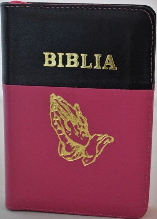 Biblia din piele, marime medie, culoare negru cu roz inchis, fermoar,margini albe,simbol maini in rugaciune, cuv. lui Isus cu rosu [053]
