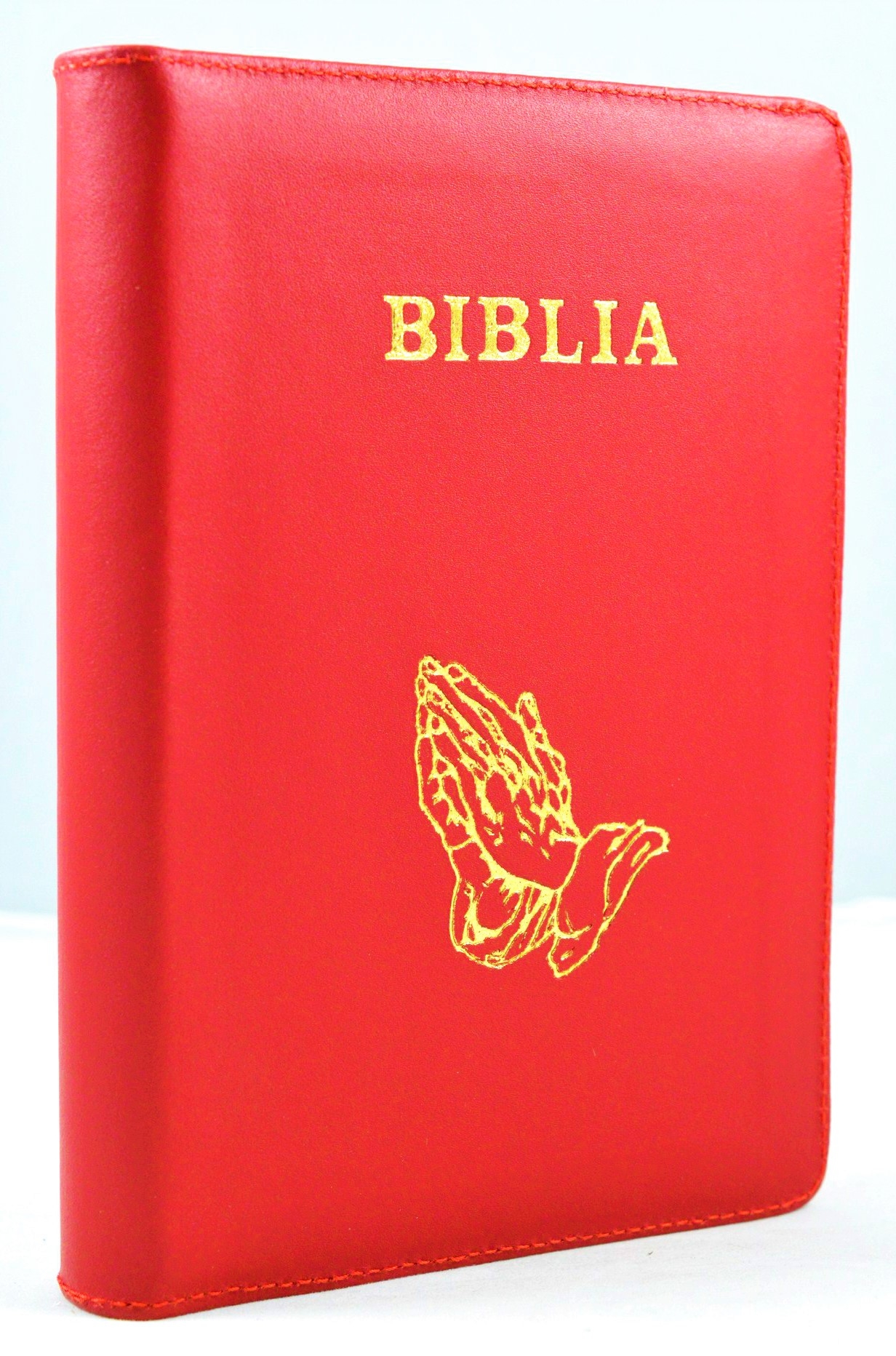 Biblia din piele, marime medie, rosie, fermoar, simbol maini, cuv. lui Isus cu rosu [053]
