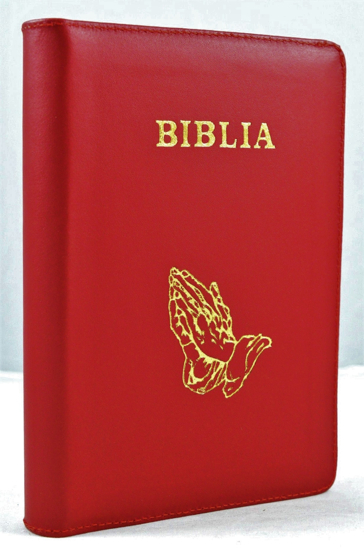 Biblie din piele, marime medie, roșu închis, fermoar, margini albe, simbol maini in rugaciune, cuv. lui Isus cu rosu [053]