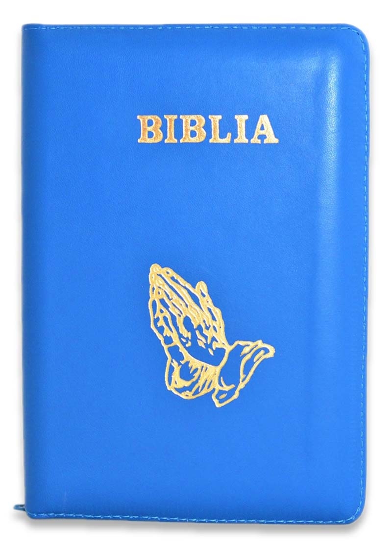 Biblie din piele, marime medie, culoare albastru, simbol maini in rugaciune, fermoar, index, margini aurii, cuv. lui Isus cu rosu [SB 057 PFI]