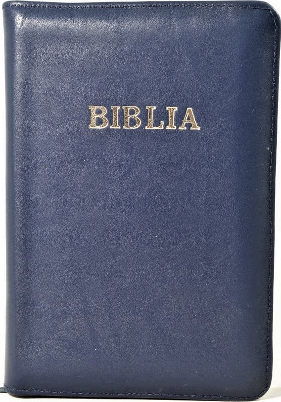 Biblie din piele, marime medie, culoare, bleumarin, fermoar, index, margini aurii, cuv. lui Isus cu rosu [SB 057 PFI]