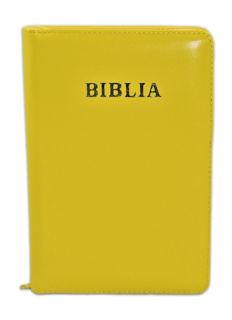 Biblie din piele, marime medie, culoare galben deschis, fermoar, index, margini aurii, cuv. lui Isus cu rosu [SB 057 PFI]