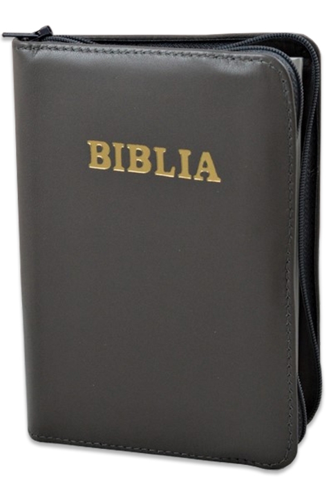 Biblie din piele, marime medie, culoare gri antracit, fermoar, index, margini aurii, cuv. lui Isus cu rosu [SB 057 PFI]