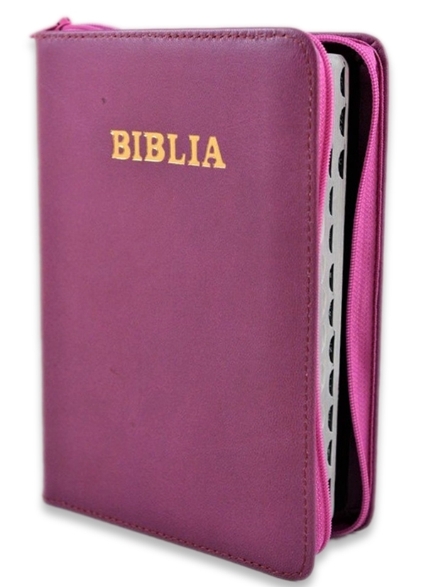 Biblie din piele, marime medie, culoare mov, fermoar, index, margini aurii, cuv. lui Isus cu rosu [SB 057 PFI]