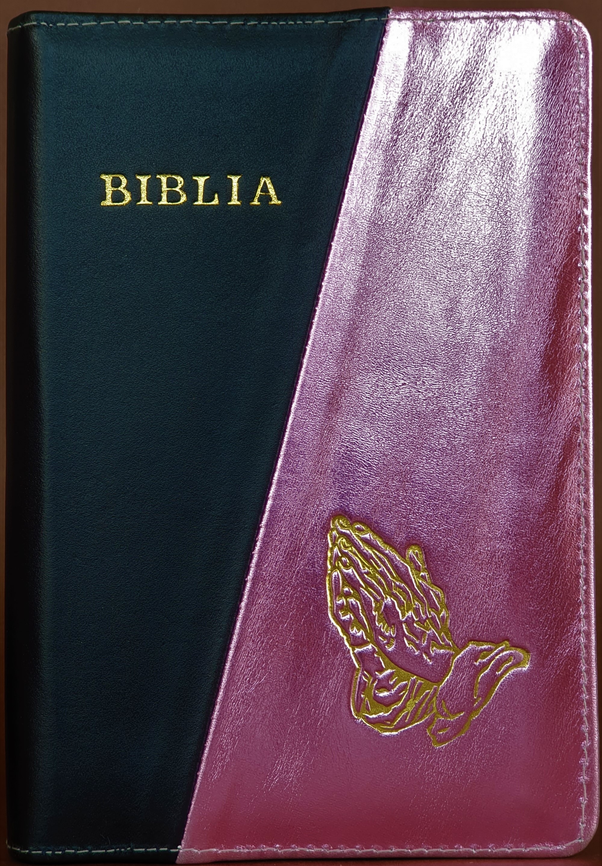 Biblie din piele, marime medie, culoare negru cu roz sidefat, simbol maini in rugaciune, fermoar, index, margini aurii, cuv. lui Isus cu rosu [SB 057 PFI]