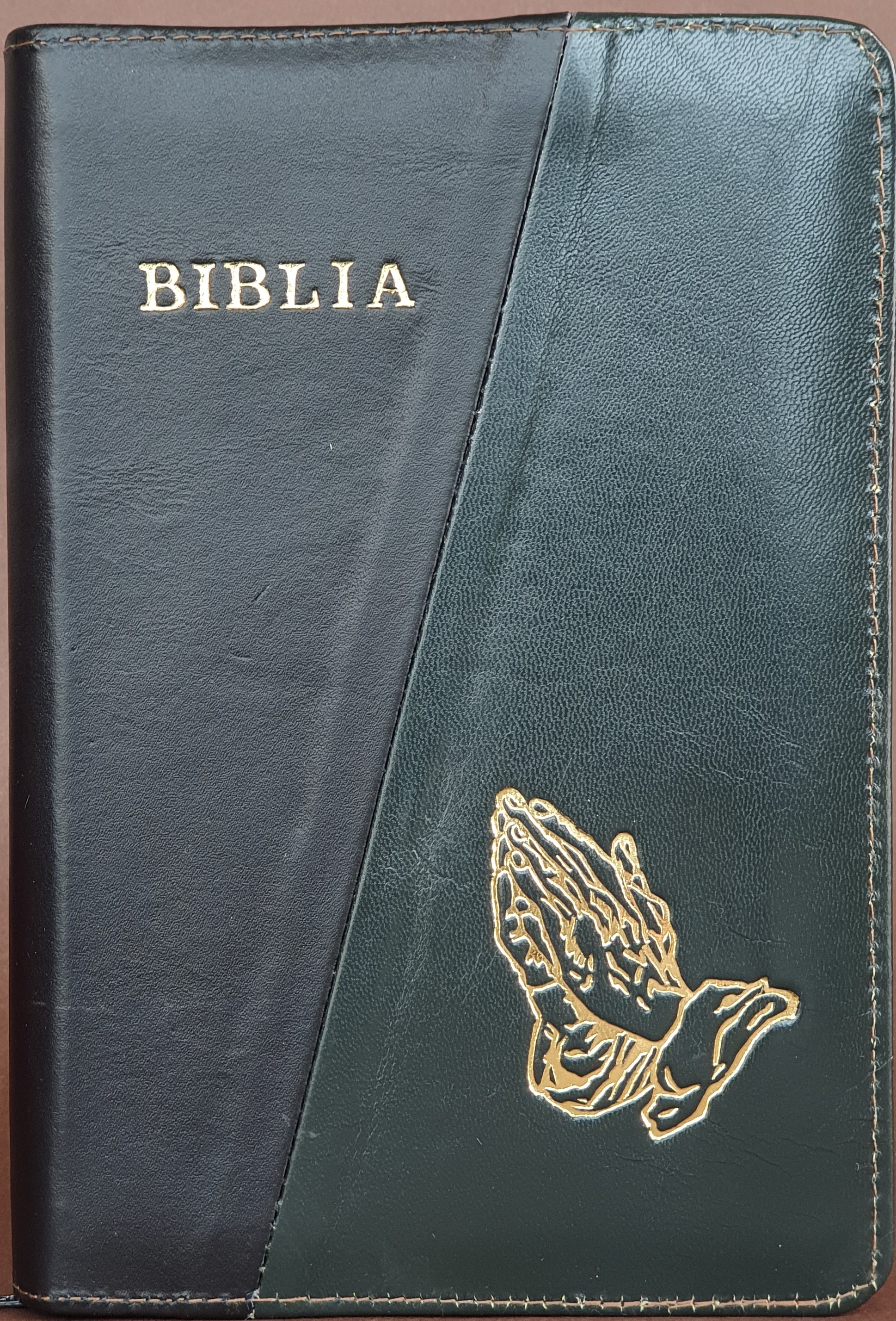 Biblie din piele, marime medie, culoare negru cu verde inchis, simbol maini in rugaciune, fermoar, index, margini aurii, cuv. lui Isus cu rosu [SB 057 PFI]