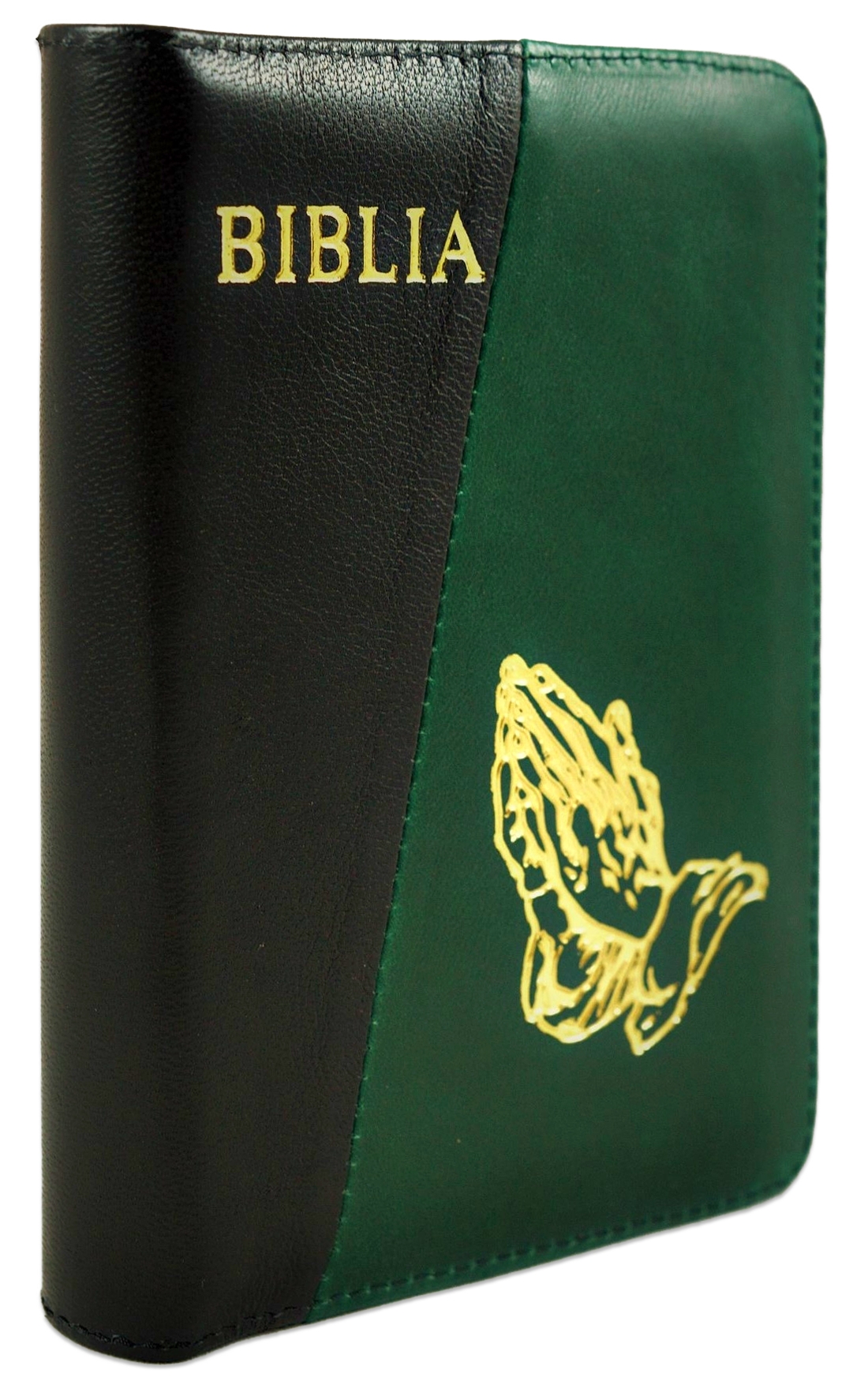 Biblie din piele, marime medie, culoare negru cu verde, simbol maini in rugaciune, fermoar, index, margini aurii, cuv. lui Isus cu rosu [SB 057 PFI]
