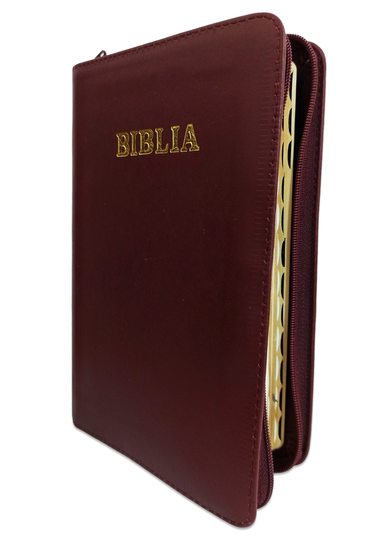 Biblie din piele, marime medie,visiniu inchis, fermoar, index, margini aurii, cuv. lui Isus cu rosu [SB 057 PFI]