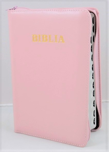 Biblie din piele, marime medie, culoare roz pal, simpla, fermoar, index, margini aurii, cuv. lui Isus cu rosu [SB 057 PFI]