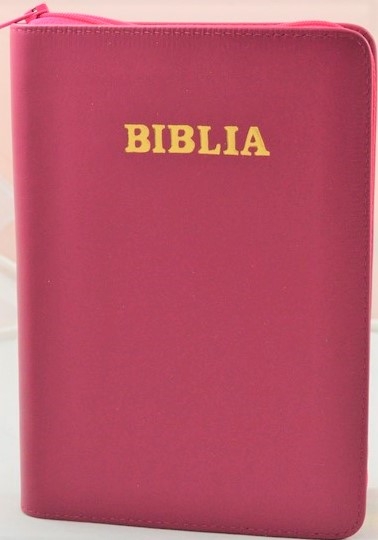 Biblie marime mica, piele,culoare roz inchis, index, fermoar, margini aurii, cuv. lui Isus in rosu,[047 PFI]