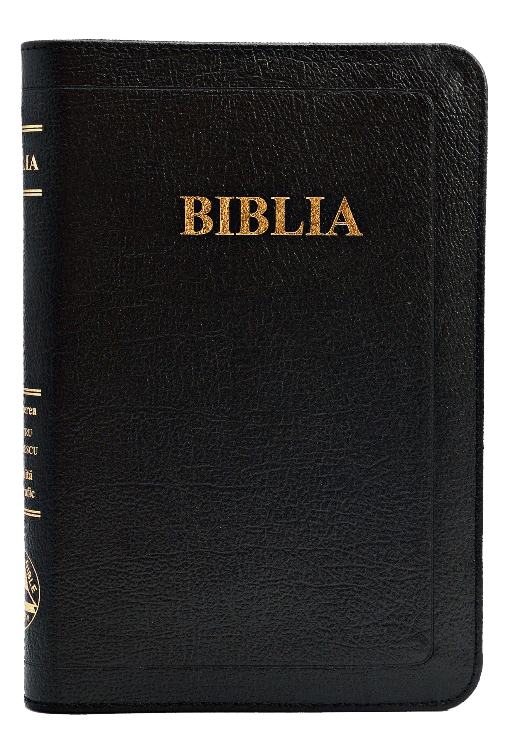 Biblia din piele, marime medie, neagra, fara fermoar, index pe cotor, margini aurii, cuv. lui Isus in rosu [057 TI]