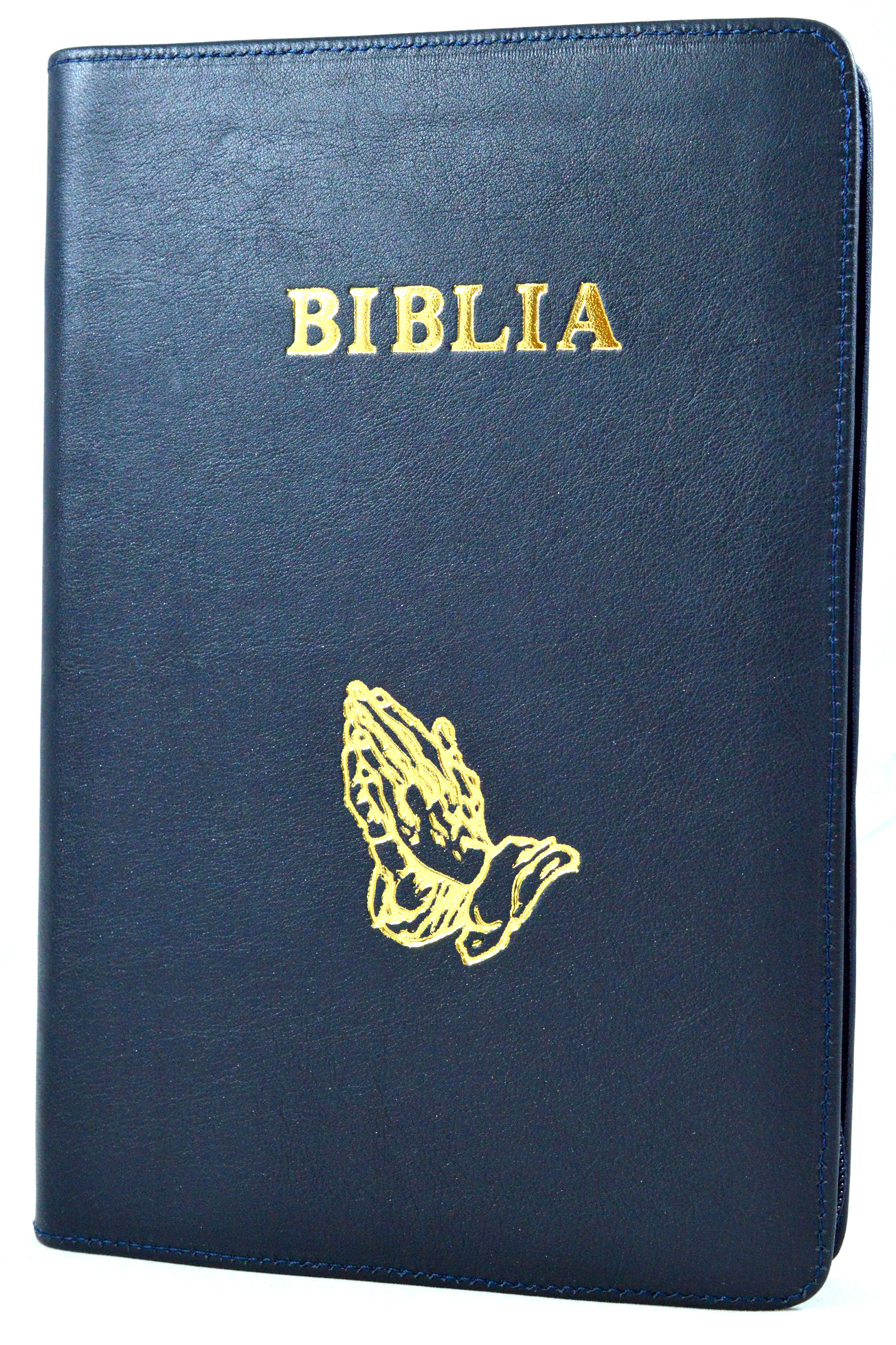 Biblia marime medie, din piele, bleumarin, fermoar, simbol maini. Cuv Domnului Isus cu rosu [063 PF]