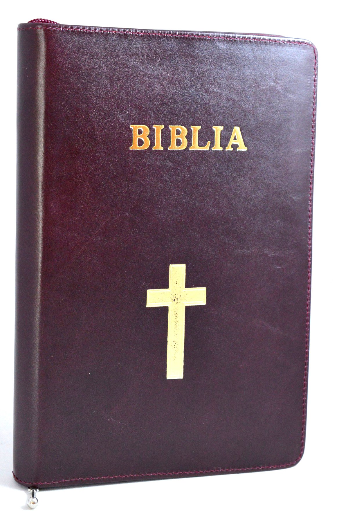 Biblia marime medie, din piele, visinie, fermoar, simbol cruce [063 PF]