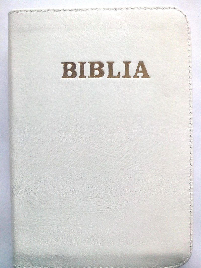Biblia marime mare, din piele, culoare alba, cuv. lui Isus cu rosu, margini albe, fermoar [073 PF]