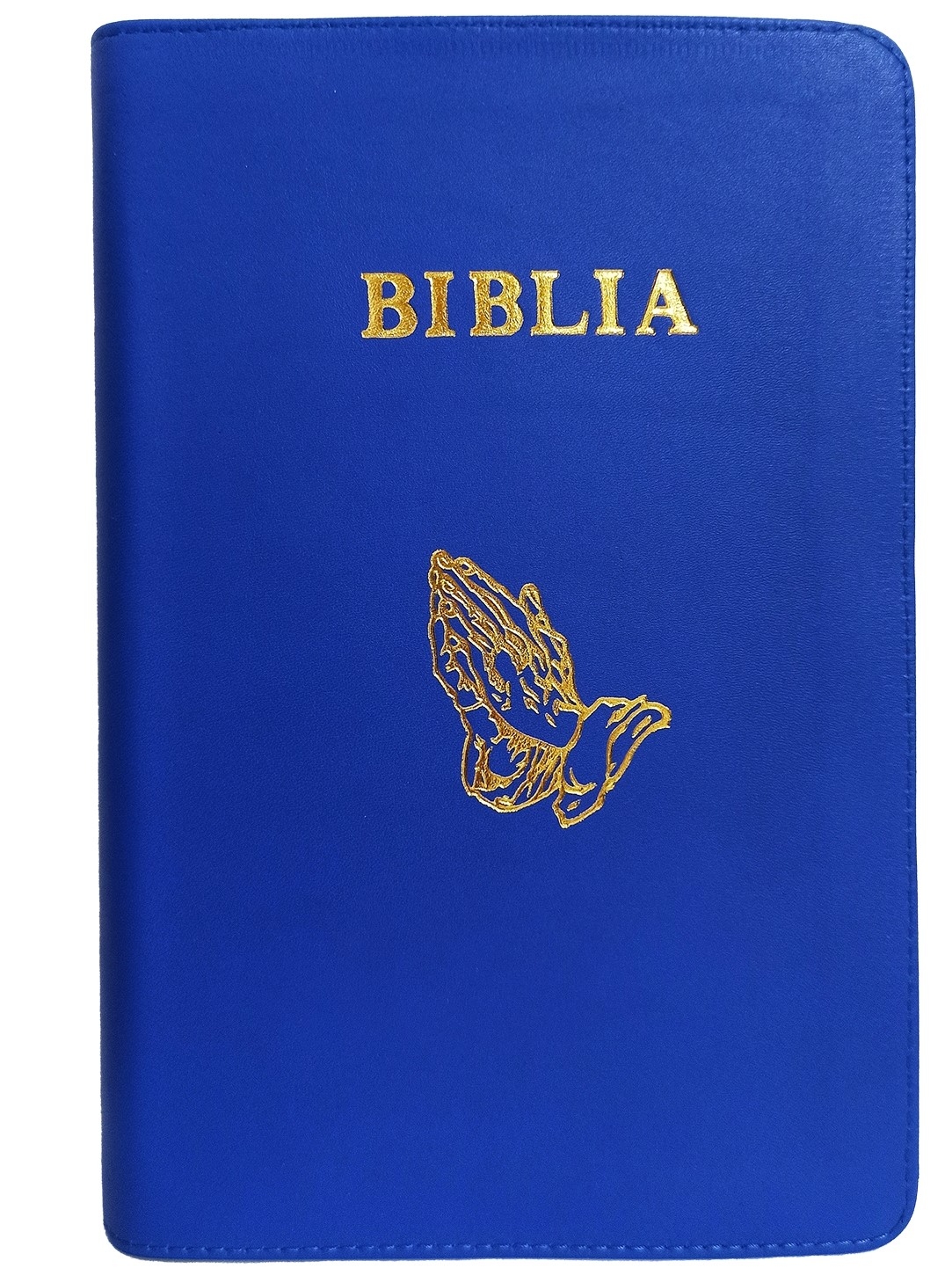 Biblie mare, piele, albastra, fermoar, index, margini argintii, simbol maini in ruga, cuv. Isus cu rosu [SI 073 PFI]