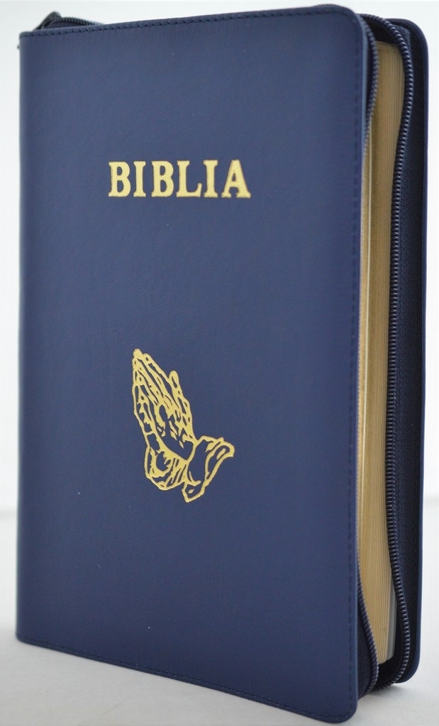Biblia marime mare, din piele, culoare bleumarin inchis, cuv. lui Isus cu rosu, margini albe, fermoar, simbol maini in rugaciune [073 PF]