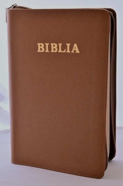 Biblia marime mare, coperta piele naturala, maro, margini albe, cuvintele lui Isus cu rosu [072 PF]