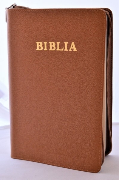 Biblie mare, piele, culoare maro, fermoar, index, margini aurii, simbol simpla, cuv. Isus cu rosu [SI 073 PFI]