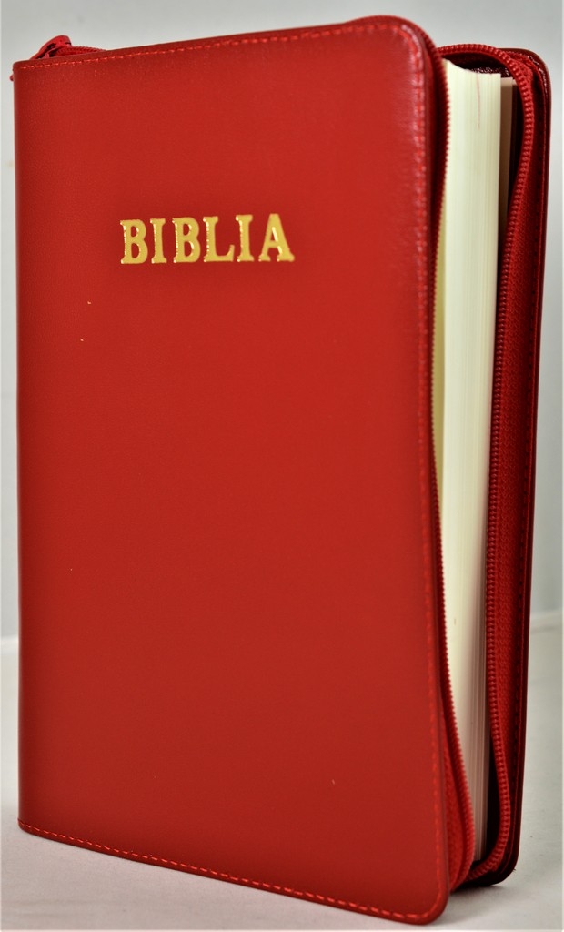 Biblia marime mare, din piele, culoare rosu, cuv. lui Isus cu rosu, margini albe, fermoar [073 PF]
