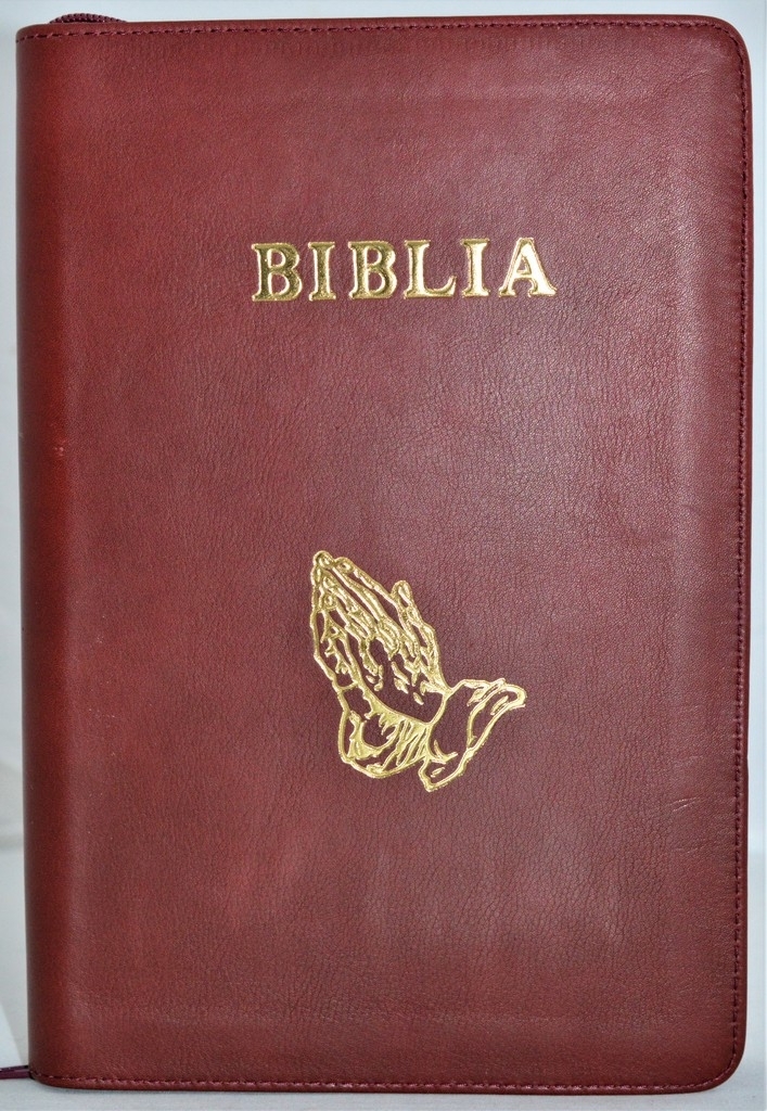 Biblie mare, piele, rosu inchis, fermoar, index, margini argintii, simbol maini in ruga, cuv. Isus cu rosu [SI 073 PFI]