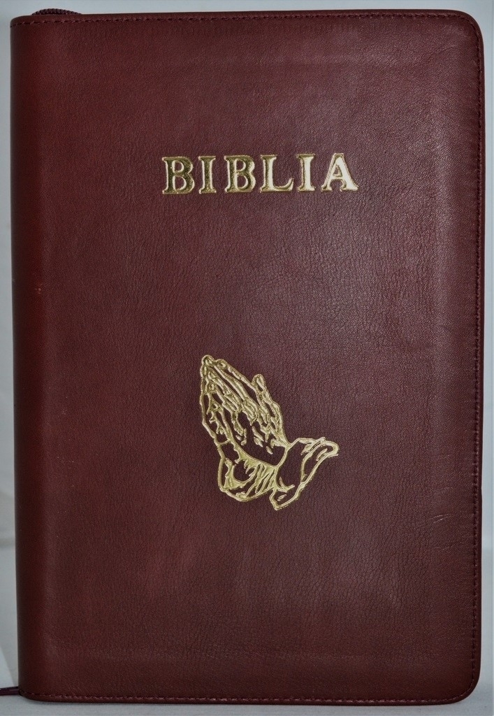 Biblia foarte mare, scris foarte mare, coperta piele, vișiniu, simbol maini in rugaciune, fermoar, margini albe, cuv. lui Isus cu rosu [093 PFR]