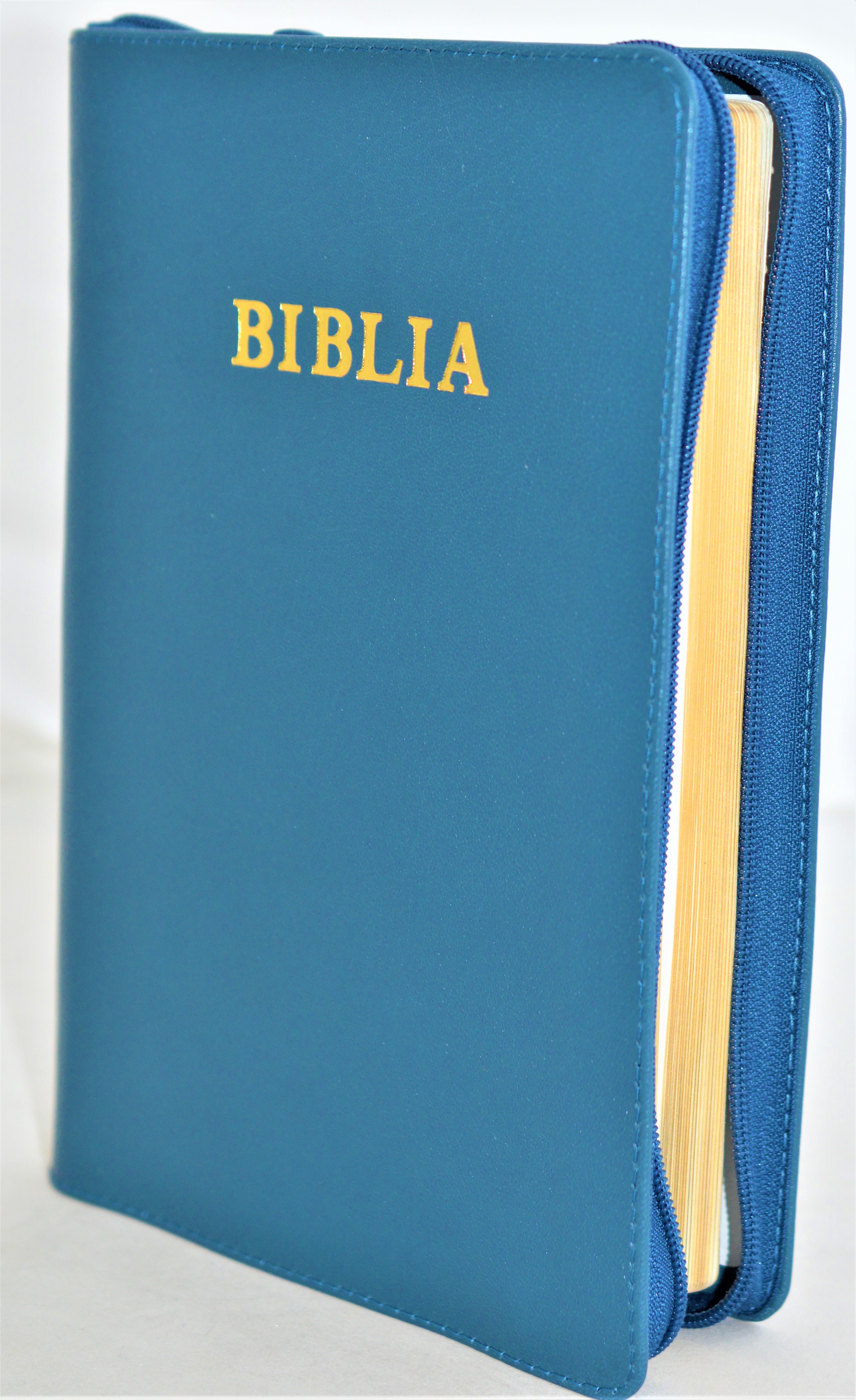 Biblia mare, din piele, culoare albastru vernil, fermoar, margini aurii, simbol - simpla, cuv. lui Isus in rosu [ SB 073 PFR]