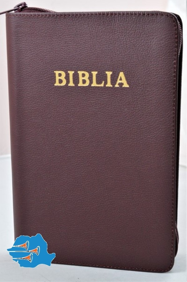 Biblia marime mare, din piele, culoare visiniu inchis, cuv. lui Isus cu rosu, margini albe, fermoar [073 PF]