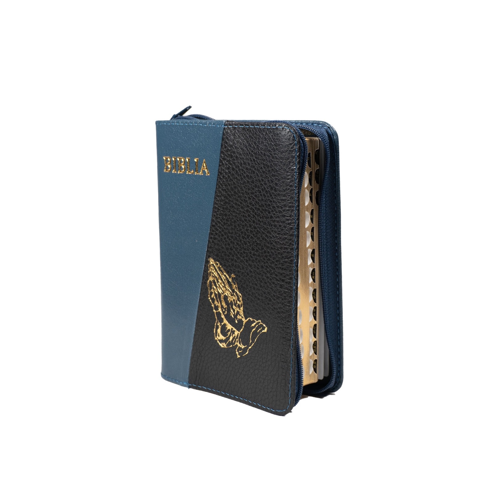 Biblia mica, coperta piele, culoare, albastru cu negru, index, fermoar, margini aurii,  simbolul maini, cuv. lui Isus in rosu [047 PFI]