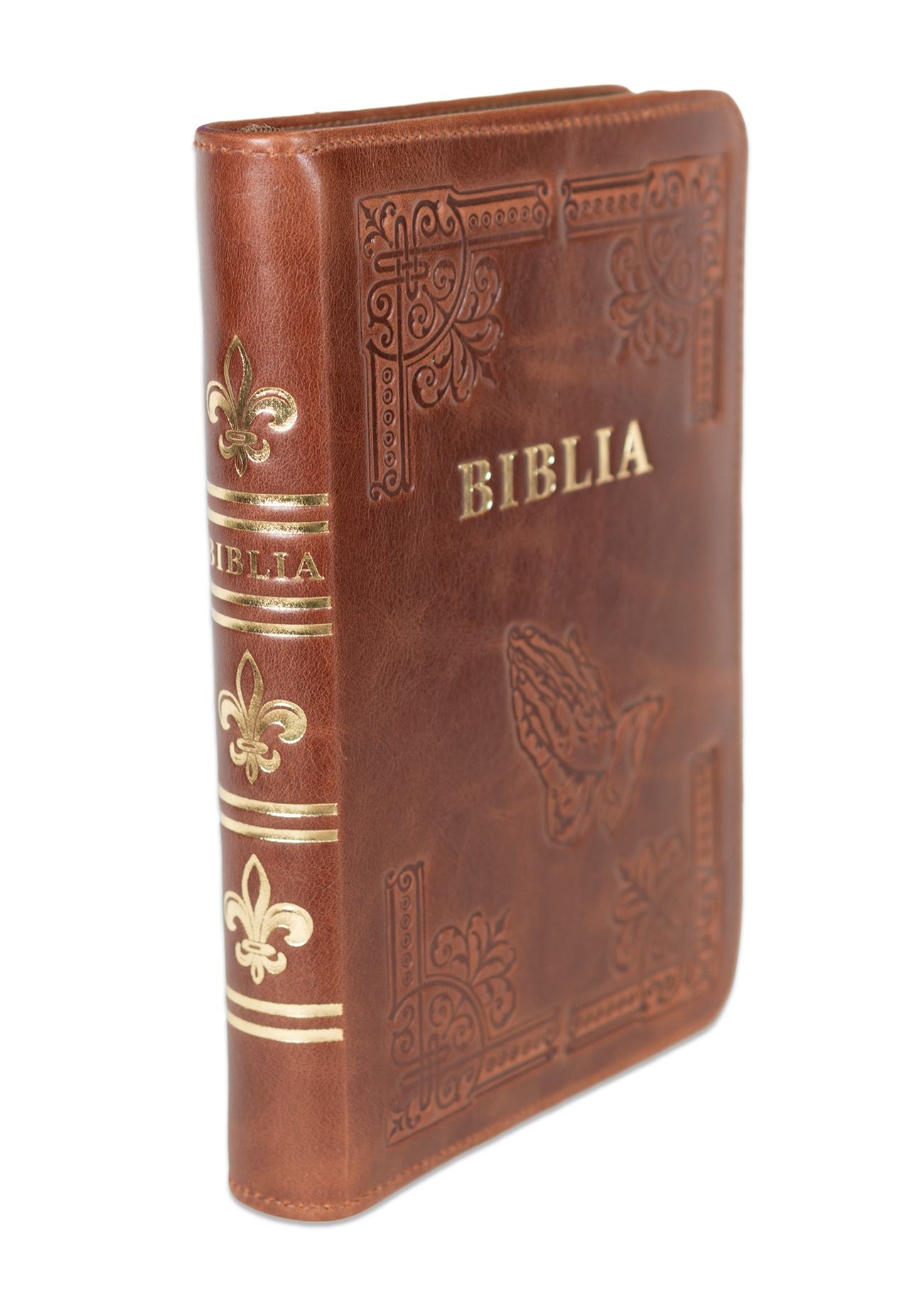 Biblia din piele, handmade, marime medie, culoare maro,fermoar, margini aurii cu index, cuv. lui Isus cu rosu [057 HM]
