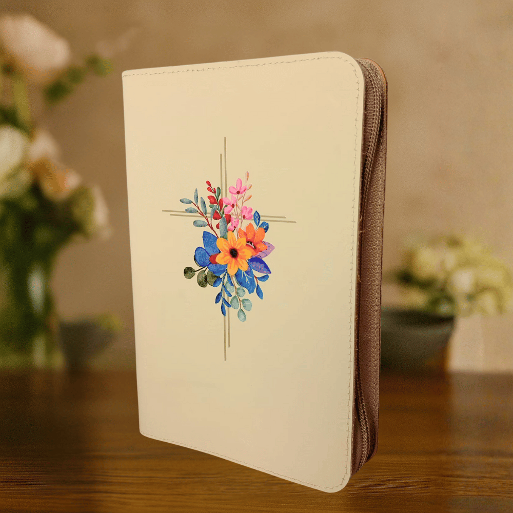 Biblie din piele, marime medie, crem, imprimeu cruce floral, fermoar, index, margini aurii, cuv. lui Isus cu rosu [057 PFI]