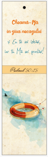 Semn de carte cu panglica portocalie  -  Verset:  "Cheamă-Mă în ziua necazului şi Eu te voi izbăvi, iar tu Mă vei proslăvi!" Psalmul 50:15   [132]