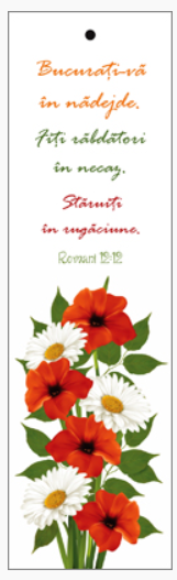 Semn de carte cu panglica portocalie  -   Verset:  "Bucuraţi-vă în nădejde. Fiţi răbdători în necaz. Stăruiţi în rugăciune." Romani 12:12   [133]