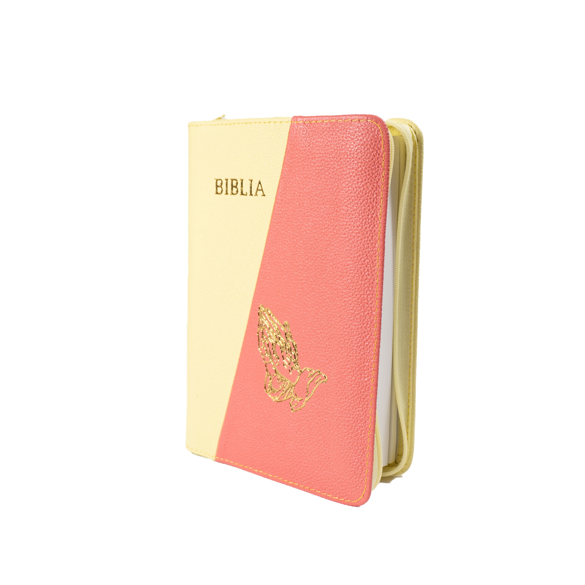 Biblie din piele, marime medie, culoare, galben cu roz, fermoar, margini albe, simbol maini in rugaciune, cuv. lui Isus cu rosu [053]