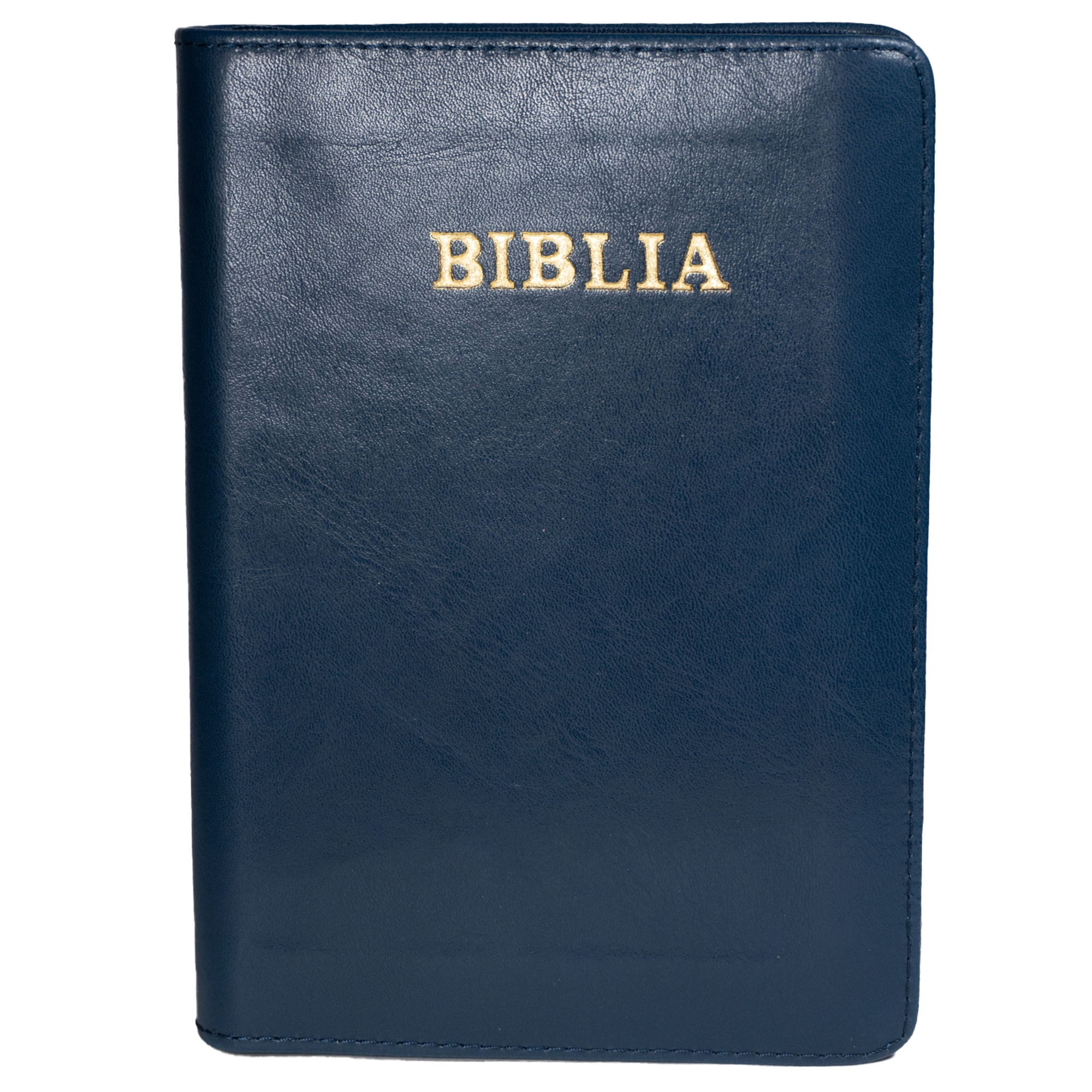 Biblie din piele, marime medie, culoare, albastru, fermoar, margini albe,  cuv. lui Isus cu rosu [053]