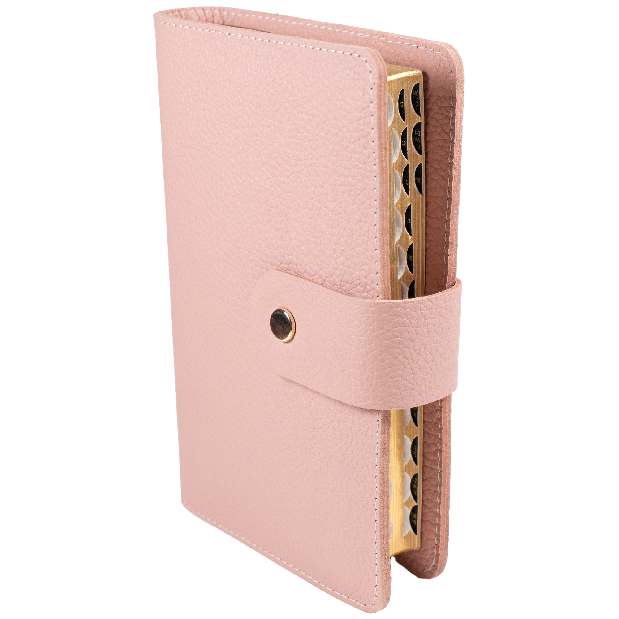 Biblia in husa handmade piele autentica, cu bareta si capsa, marime medie, roz, index, margini aurii, cuv. lui Isus cu rosu [057 BAR]