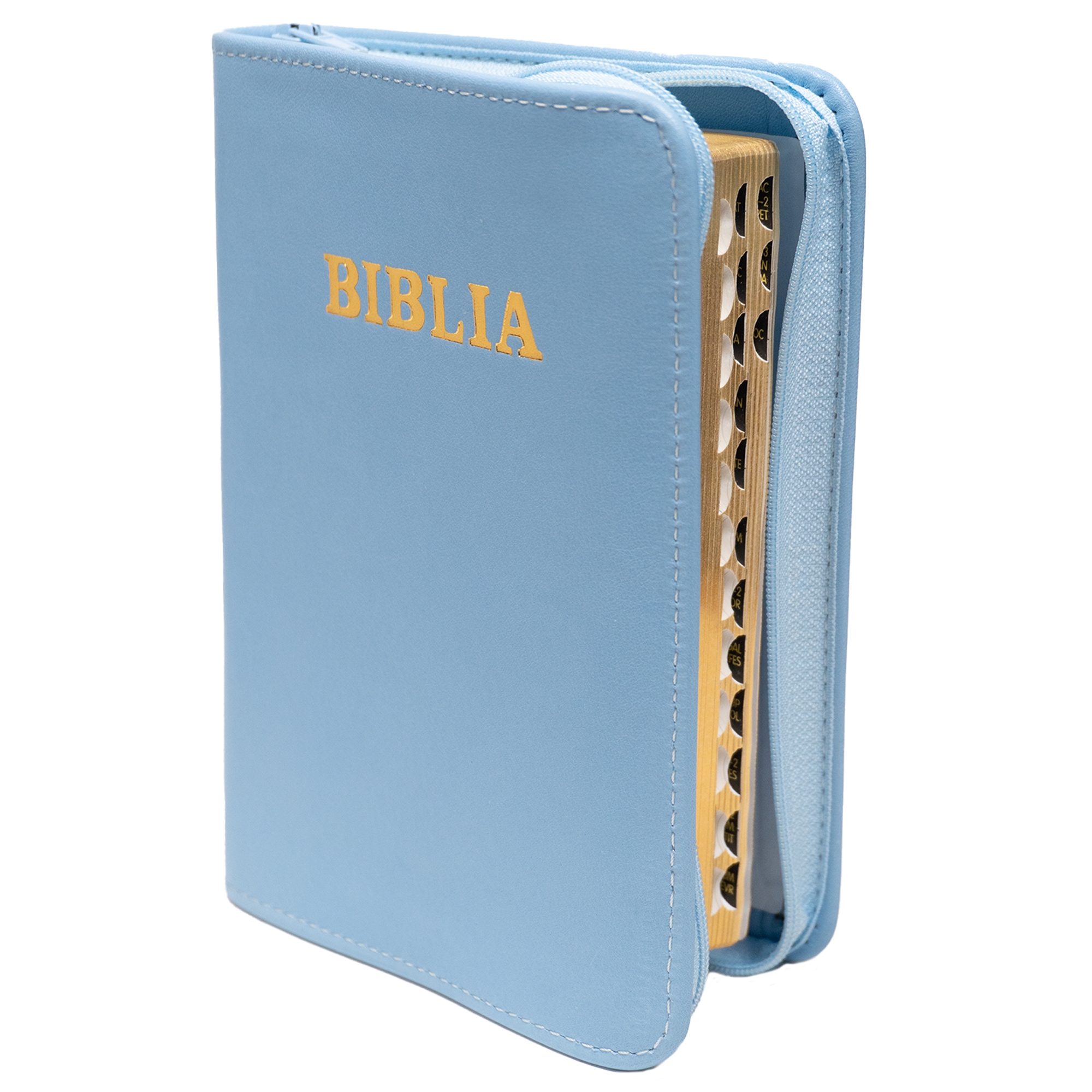 Biblia mica, coperta piele, culoare, baby blue, index, fermoar, margini aurii, cuv. lui Isus in rosu [047 PFI]