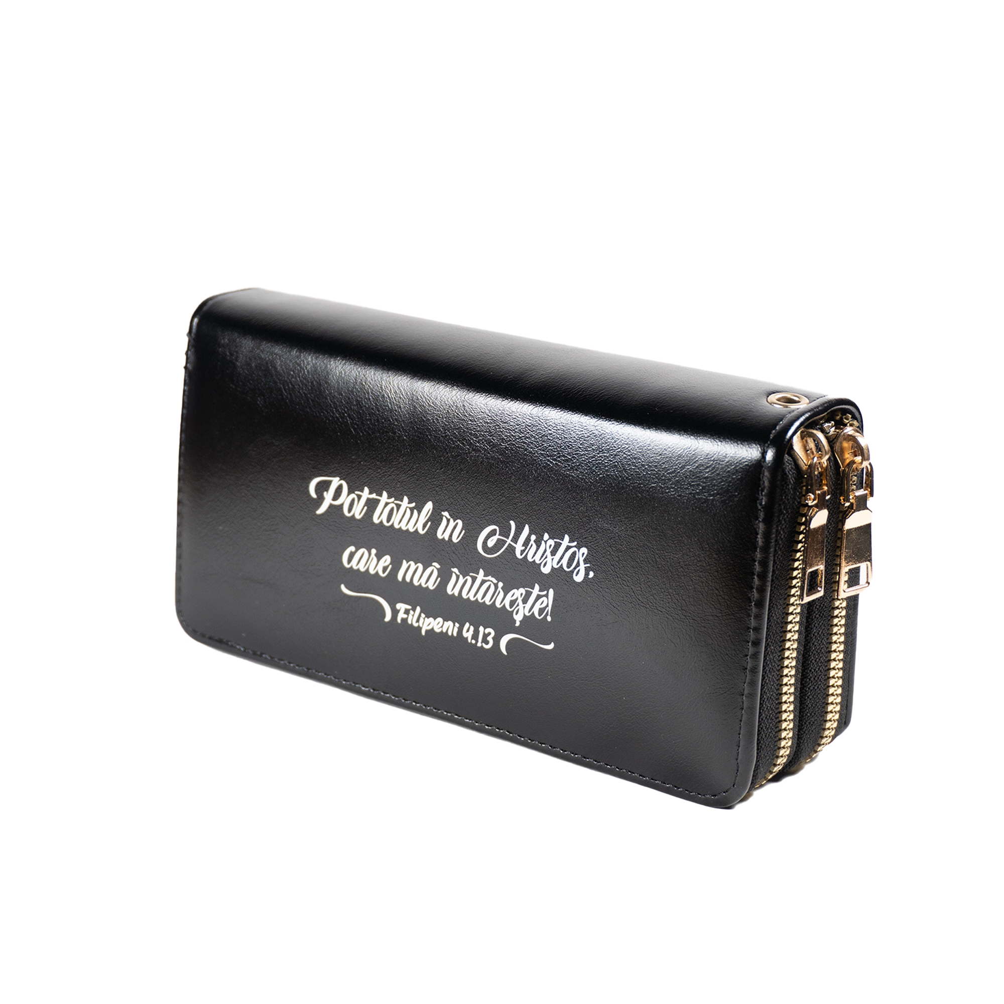 Portofel damă, 2 fermoare, negru, cu imprimeu "Pot totul în Hristos..." Portofel damă, 2 fermoare, negru, cu imprimeu "Pot totul în Hristos..."