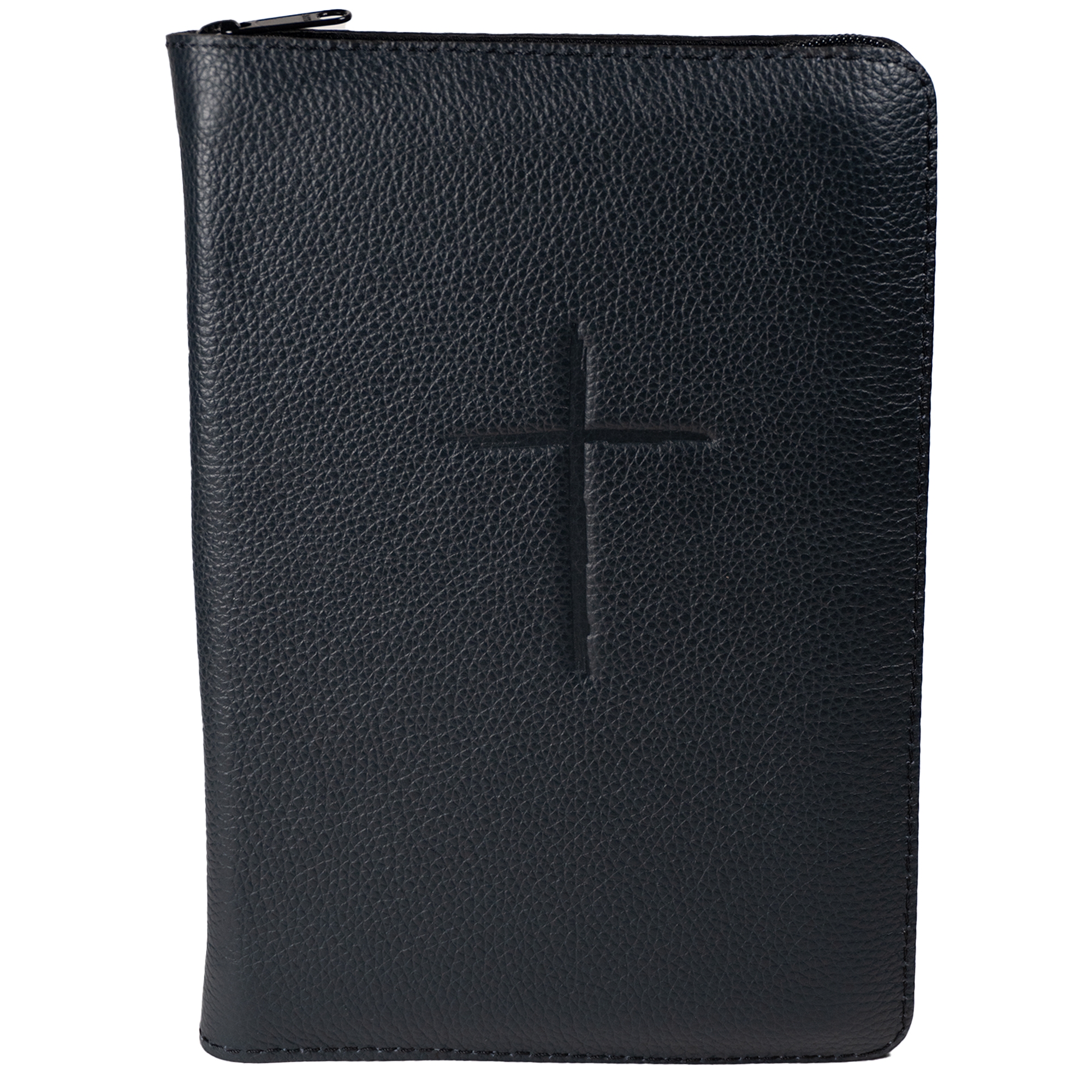 Biblie din piele handmade, marime medie, bleumarin închis, simbol cruce, fermoar, index, margini aurii, cuv. lui Isus cu rosu [057]