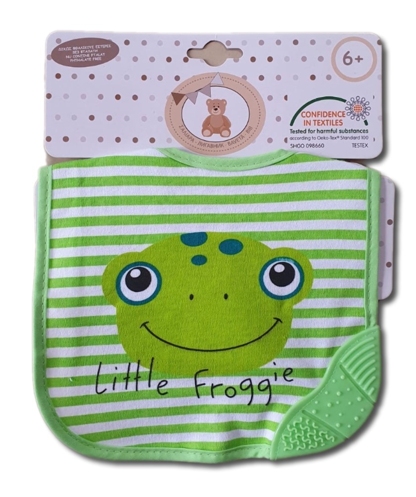 Bavetica bumbac , cu un colt pentru dentitie - Little froggie (6m+) Bavetica bumbac , cu un colt pentru dentitie - Little froggie (6m+)