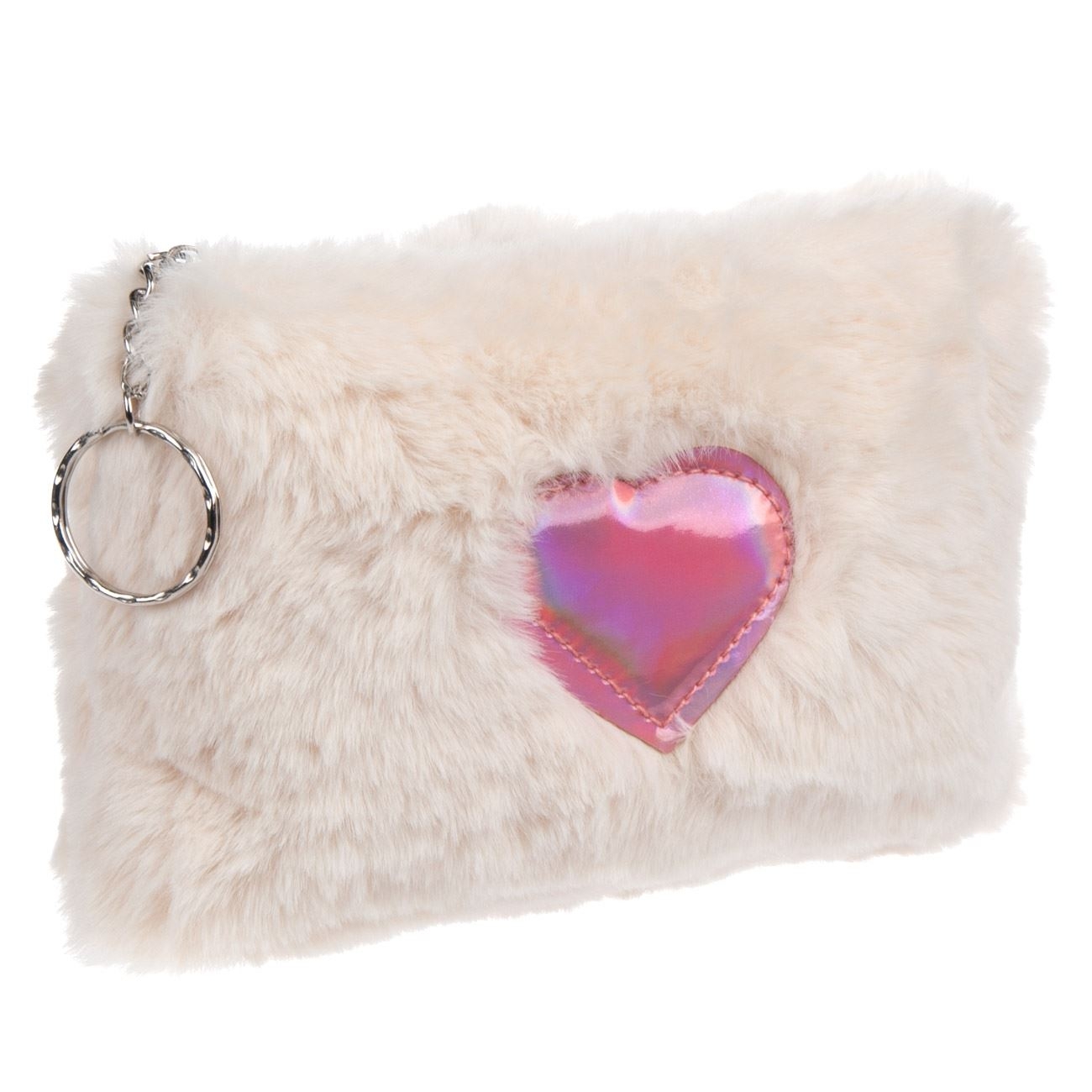 Portofel pufos cu inima holografica roz Portofel pufos cu inima holografica roz